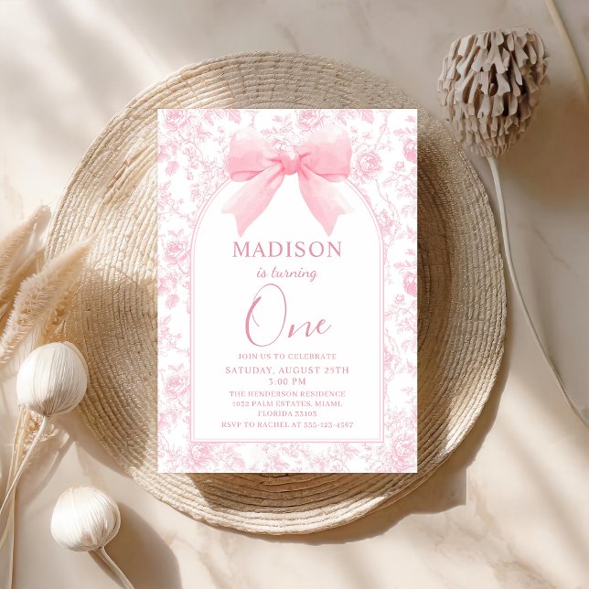 Rosa Bow Toile Chinoiserie 1:a födelsedagsinbjudan Inbjudningar (Skapare uppladdad)