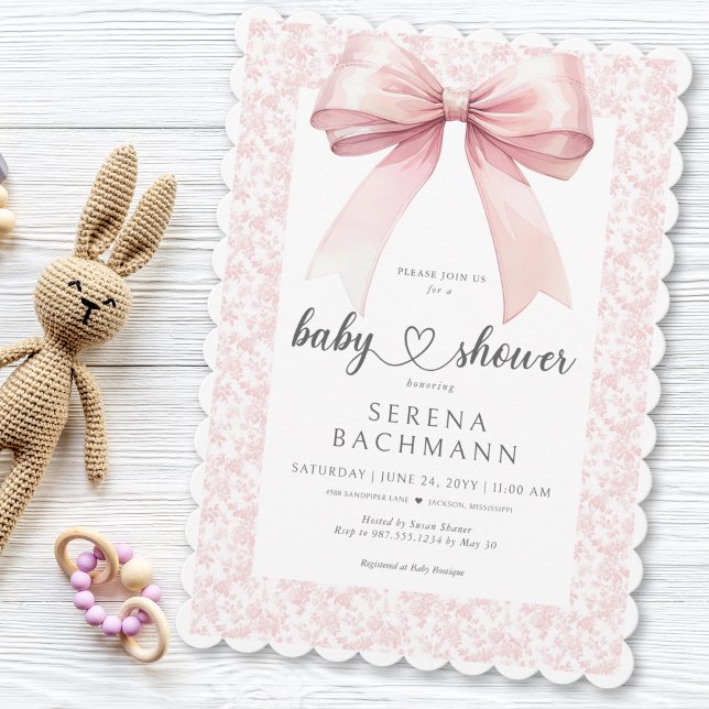 Rosa Bow Toile Girl Baby Shower Inbjudningar (Pink Bow Toile Girl Baby Shower Invitation)