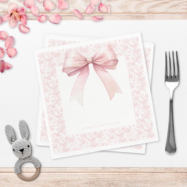 Rosa Bow Toile Girl Baby Shower Pappersservett (Skapare uppladdad)
