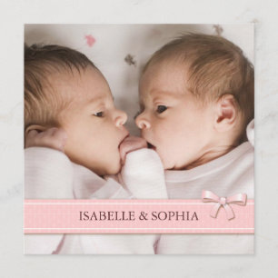 Rosa Bow Twin Girls Baby Foto Birth Notice Meddelande