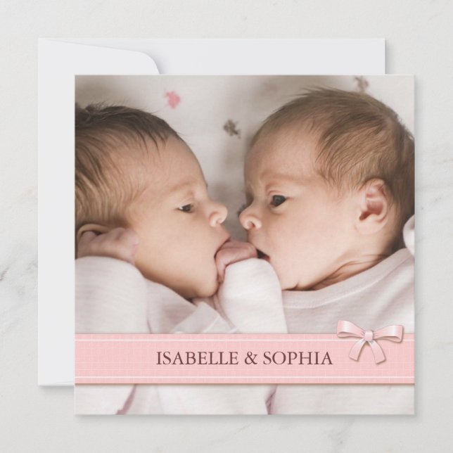 Rosa Bow Twin Girls Baby Foto Birth Notice Meddelande (Framsida)