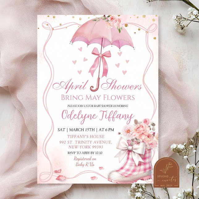 Rosa Bow Umbrella Boots April Showers Flicka Inbjudningar (Skapare uppladdad)