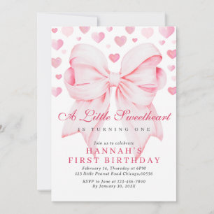 Rosa Bow Valentines första födelsedagsinbjudan V2 Julkort