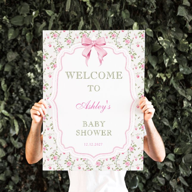 Rosa Bow Vintage Blommigt Baby Shower Välkommen Poster (Skapare uppladdad)