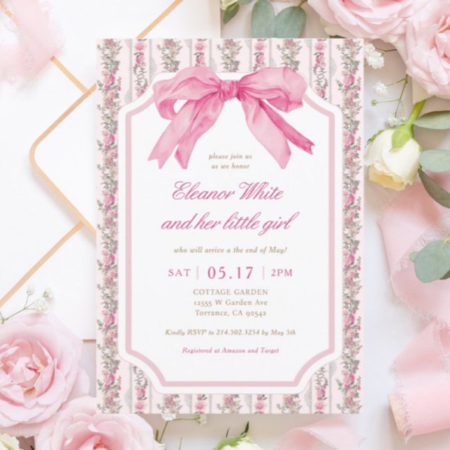 Rosa Bow Vintage Flicka babyskor Inbjudningar (Skapare uppladdad)