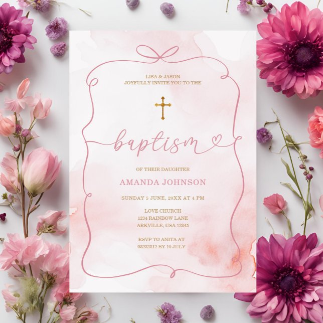 Rosa Bow Watercolor Girl Christening Baptism Inbjudningar (Skapare uppladdad)