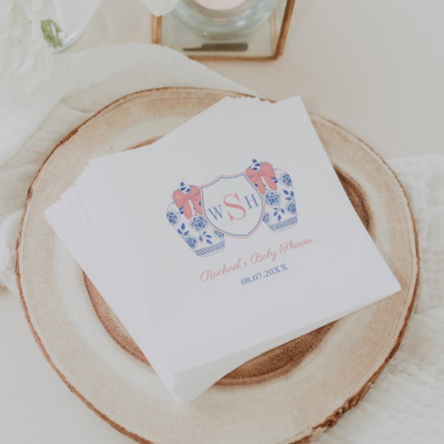 Rosa Bow Watercolor Girl Monogram Baby Shower Pappersservett (Preppy ginger jars with pink bows and 3 letter monogram baby girl shower party napkins)