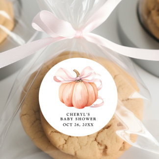 Rosa Bow Watercolor Pumpkin Baby Shower Runt Klistermärke