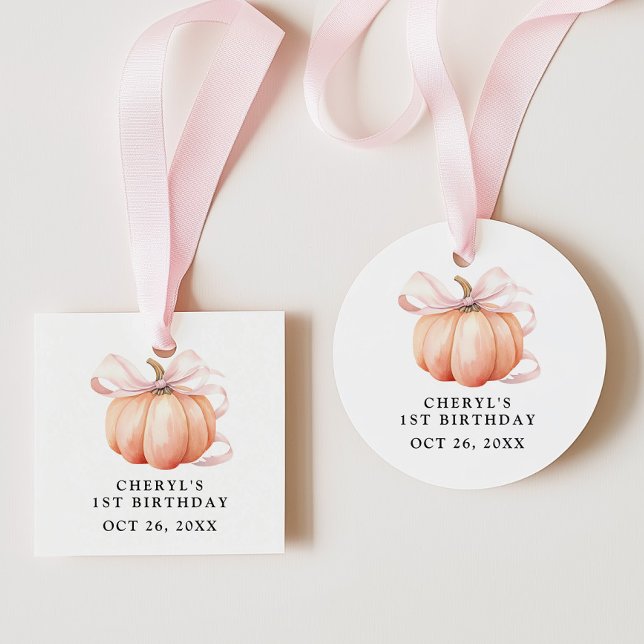 Rosa Bow Watercolor Pumpkin Birthday Gåvor Etiketter (Skapare uppladdad)