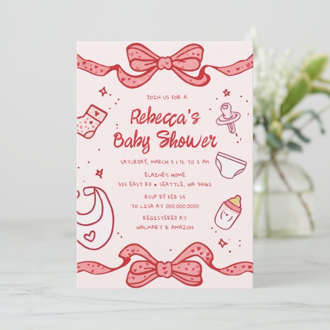 Rosa Bow Whimsical Hand plockade Girl Baby Brunch Inbjudningar (Stående Fram)