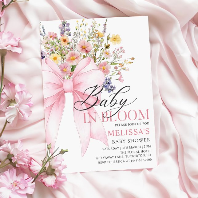 Rosa Bow Wildblomma Baby i Bloom Baby Shower Inbjudningar (Skapare uppladdad)