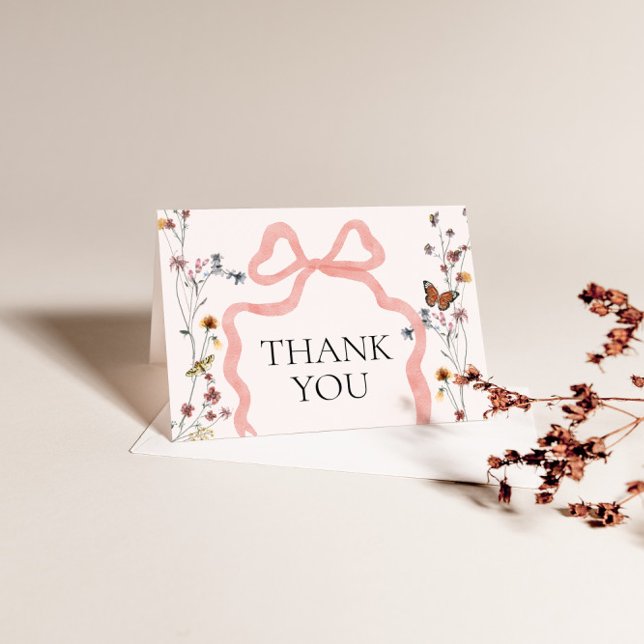 Rosa Bow WildblommBaby Shower Tack Kort (Pink Bow Wildflower Baby Shower Thank You)