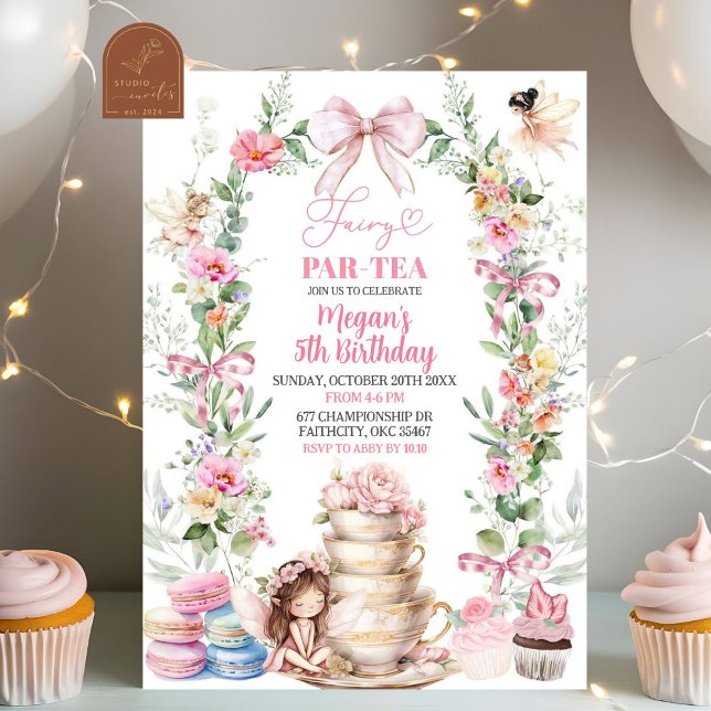 Rosa Bow WildblommFairy Tea Party Birthday Inbjudningar (Skapare uppladdad)