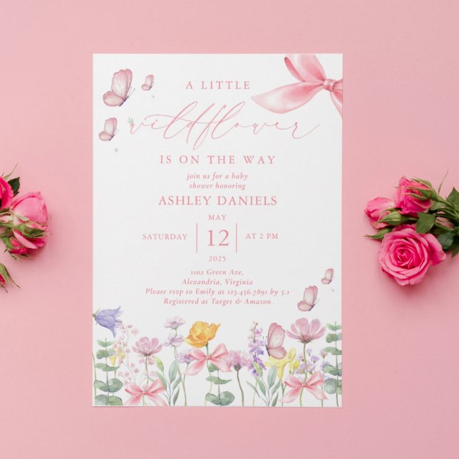 Rosa Bow WildblommGirl Baby Shower Inbjudningar (Skapare uppladdad)