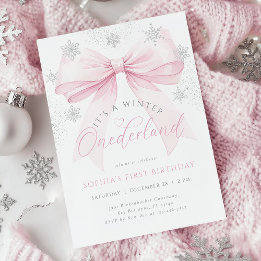 Rosa Bow Winter First Birthday Inbjudningar