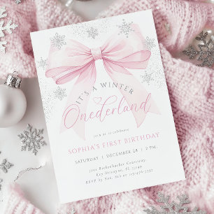 Rosa Bow Winter First Birthday Inbjudningar