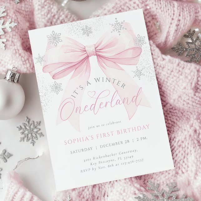 Rosa Bow Winter First Birthday Inbjudningar (Skapare uppladdad)