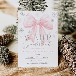 Rosa Bow Winter Onederland 1:a födelsedagen Party Inbjudningar