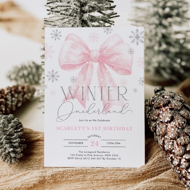 Rosa Bow Winter Onederland 1:a födelsedagen Party Inbjudningar (Skapare uppladdad)
