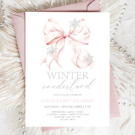 Rosa Bow Winter Onederland 1:a födelsedagsinbjudan Inbjudningar