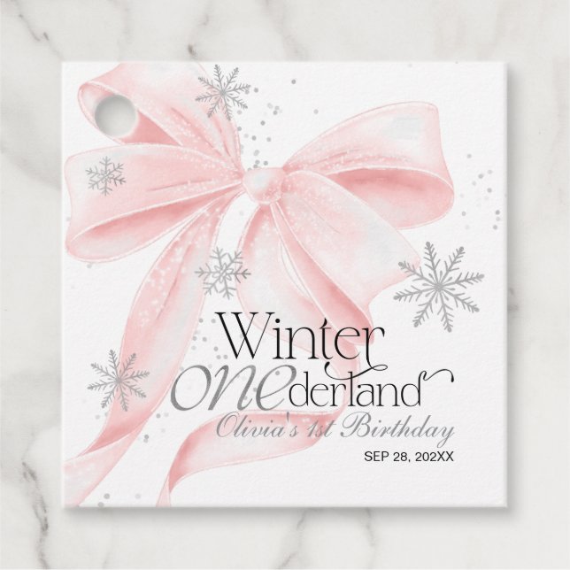 Rosa Bow Winter Onederland 1-års födelsedag Gåvor Etiketter (Framsida)