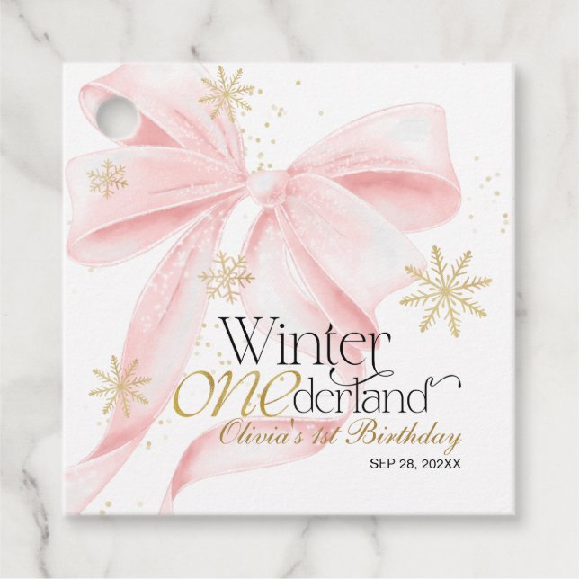 Rosa Bow Winter Onederland 1-års födelsedag Gåvor Etiketter (Framsida)