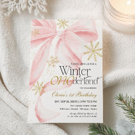 Rosa Bow Winter Onederland 1-års födelsedag Inbjudningar