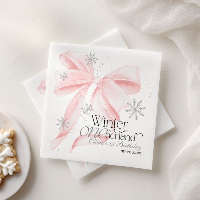 Rosa Bow Winter Onederland 1-års födelsedag Pappersservett (Skapare uppladdad)