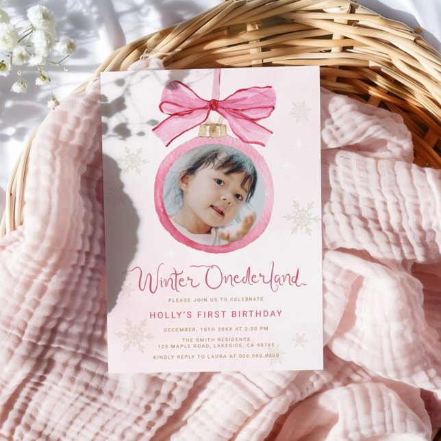 Rosa Bow Winter Onederland Första födelsedag Inbjudningar (Skapare uppladdad)