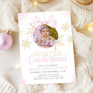 Rosa Bow Winter Onederland Girl First Birthday Inbjudningar