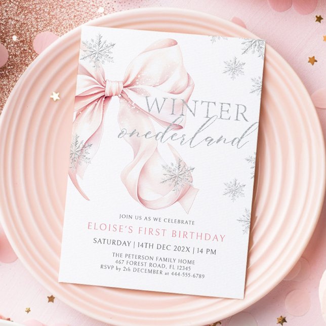 Rosa Bow Winter Onederland Glitter 1:a födelsedag Inbjudningar (Skapare uppladdad)
