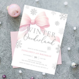 Rosa Bow Winter Onederland Snowflake 1:a födelseda Inbjudningar