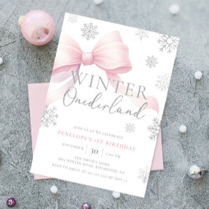 Rosa Bow Winter Onederland Snowflake 1:a födelseda Inbjudningar