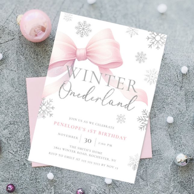 Rosa Bow Winter Onederland Snowflake 1:a födelseda Inbjudningar (Skapare uppladdad)