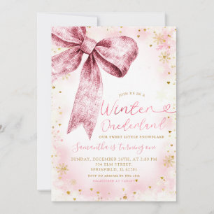 Rosa Bow Winter Onederland Snowflake Birthday Inbjudningar
