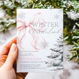 Rosa Bow Winter Onerderland Girl 1st Birthday Inbjudningar