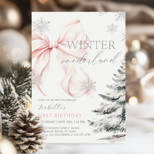 Rosa Bow Winter Onerderland Girl 1st Birthday Inbjudningar