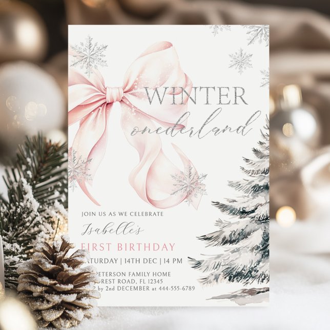 Rosa Bow Winter Onerderland Girl 1st Birthday Inbjudningar (Skapare uppladdad)