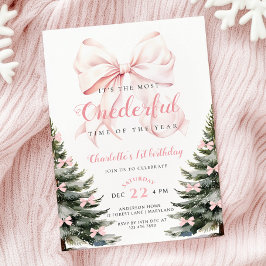 Rosa Bow Winter Onerderland Girl 1st Birthday Inbjudningar