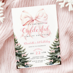 Rosa Bow Winter Onerderland Girl 1st Birthday Inbjudningar