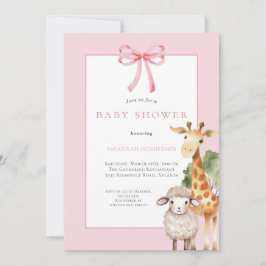 Rosa Bow Woodland Animals Baby Shower Inbjudningar