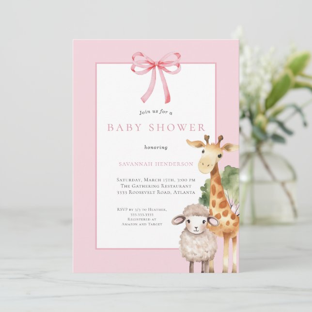 Rosa Bow Woodland Animals Baby Shower Inbjudningar (Stående Fram)