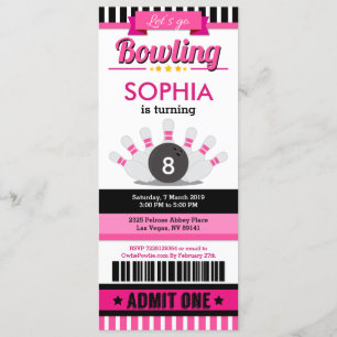 Rosa Bowling Biljett Pass Födelsedagsfest inbjudan
