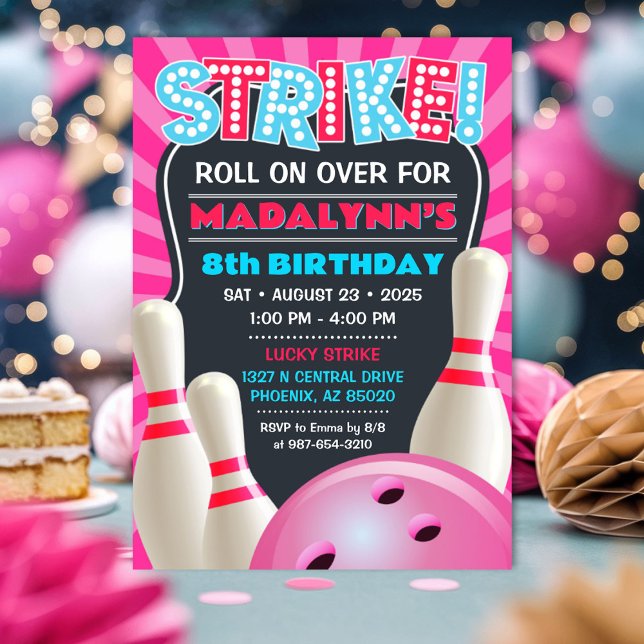 Rosa Bowling Party Girls Birthday Inbjudningar (Girls Bowling Party Invitation)