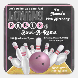 Rosa Bowling Party Inbjudan Sticker Fyrkantigt Klistermärke