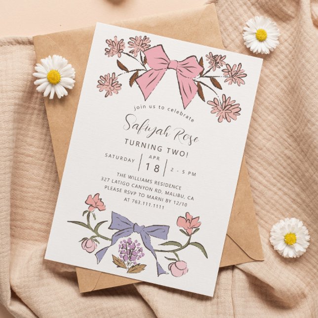 Rosa Bows and Blommars Girl Födelsedagsfest Inbjudningar (Skapare uppladdad)