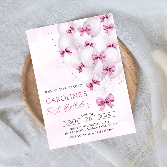 Rosa Bows Balloons Girl Birthday-inbjudan Inbjudningar (Skapare uppladdad)