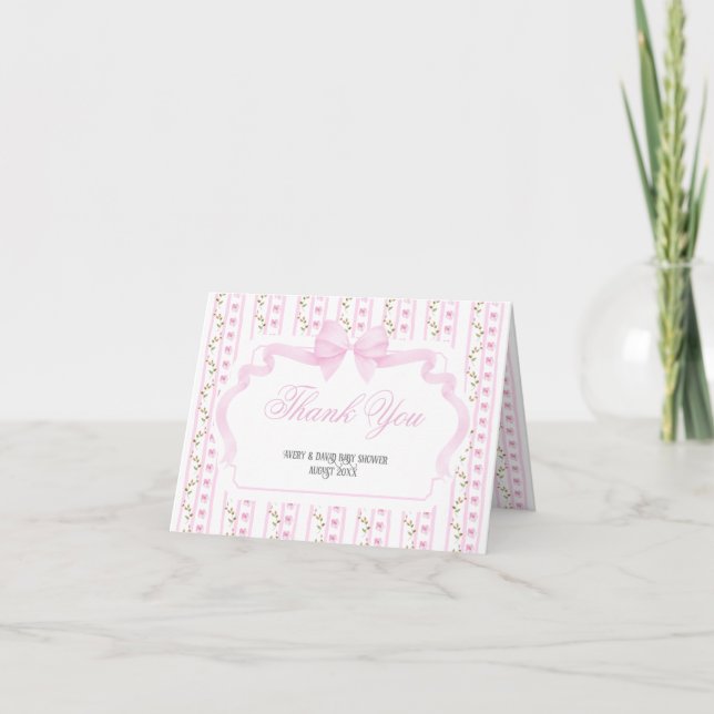  Rosa Bows Blommigt Elegant Baby Shower Tack Kort (Framsida)