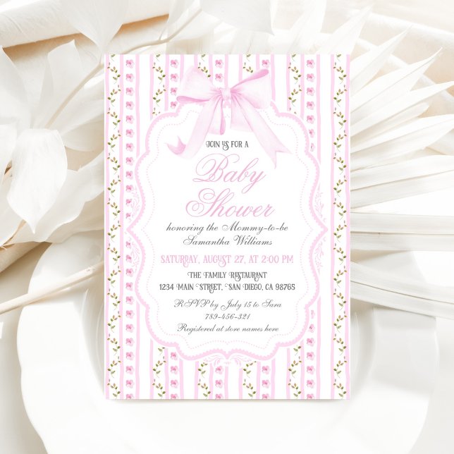  Rosa Bows Blommigt Elegant Girl Baby Shower Inbjudningar (Skapare uppladdad)