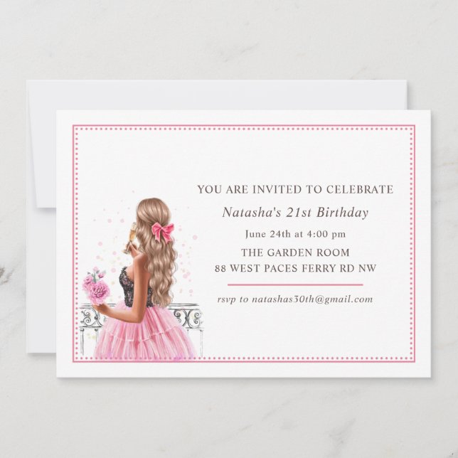 Rosa Bows Champagne Födelsedagsfest Inbjudningar (Framsida)